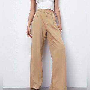 Zara NWT High Rise Tan and Green Wide Leg Trouser Pants Career Preppy Womens XS